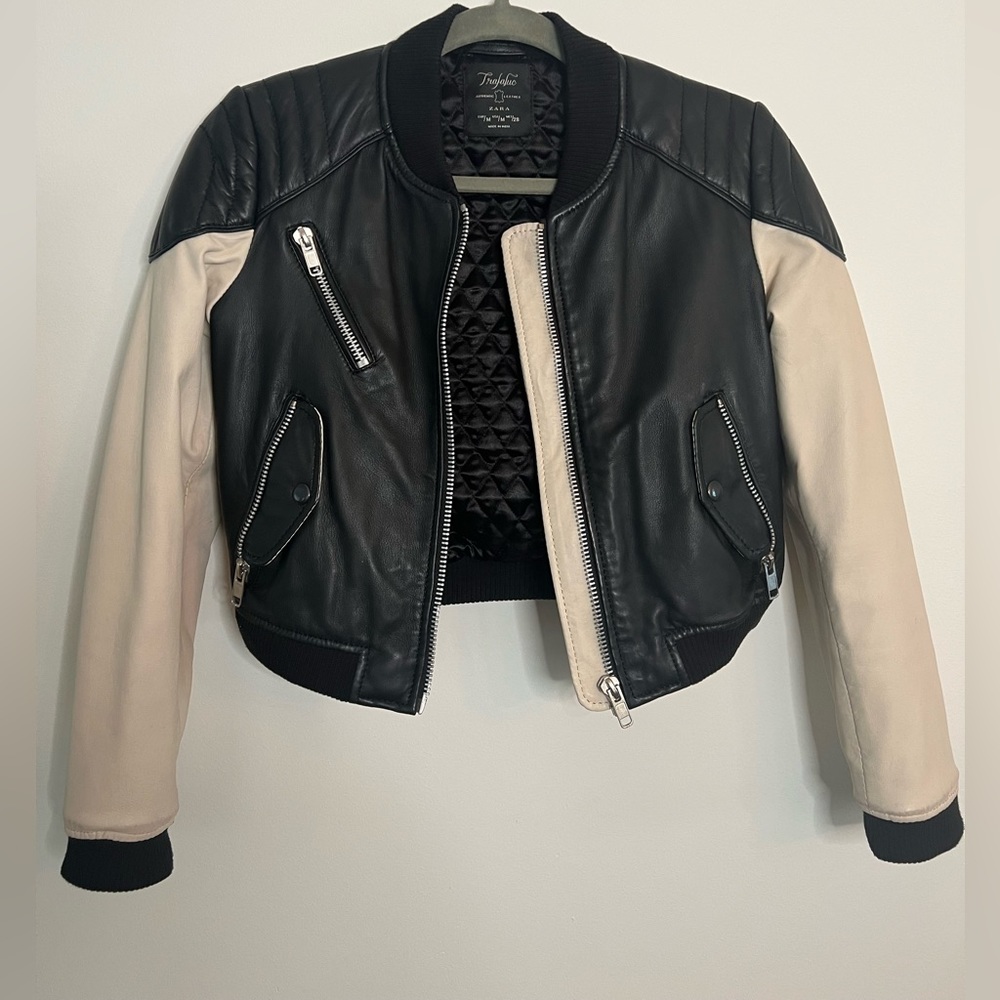 Cropped authentic leather moto/letterman style Zara jacket
